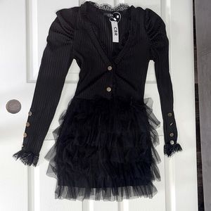 Black low V cut fake gold buttons with lace cocktail dress SIZE WOMENS SMALL